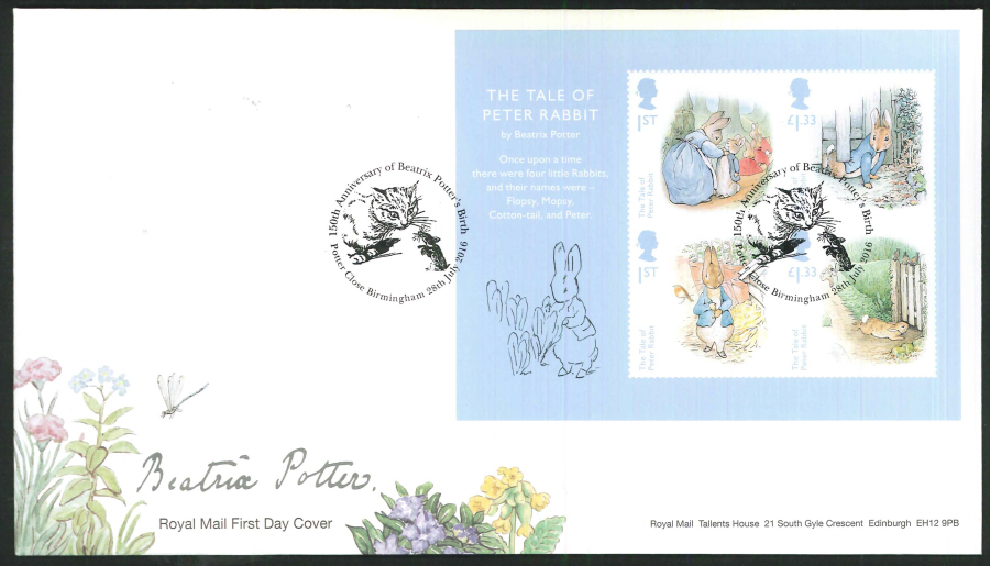 2016 - Beatrix Potter Minisheet First Day Cover, Potter Close, Birmingham Postmark